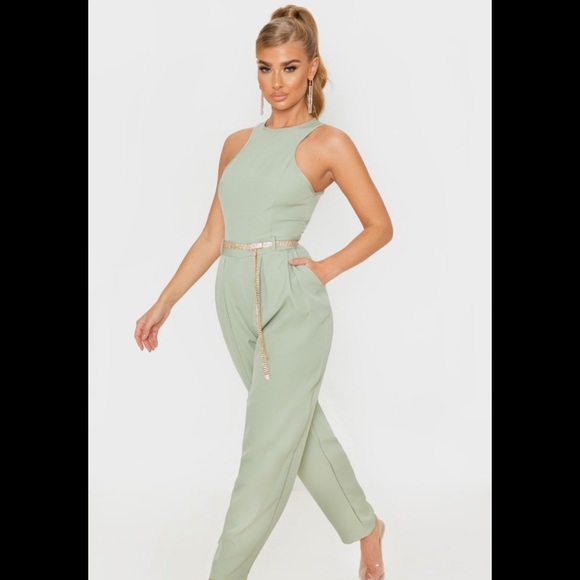 SOLD 🚫 PLT Sage Green Racer Back Pocket Detail Jumpsuit - Picture 2 of 6